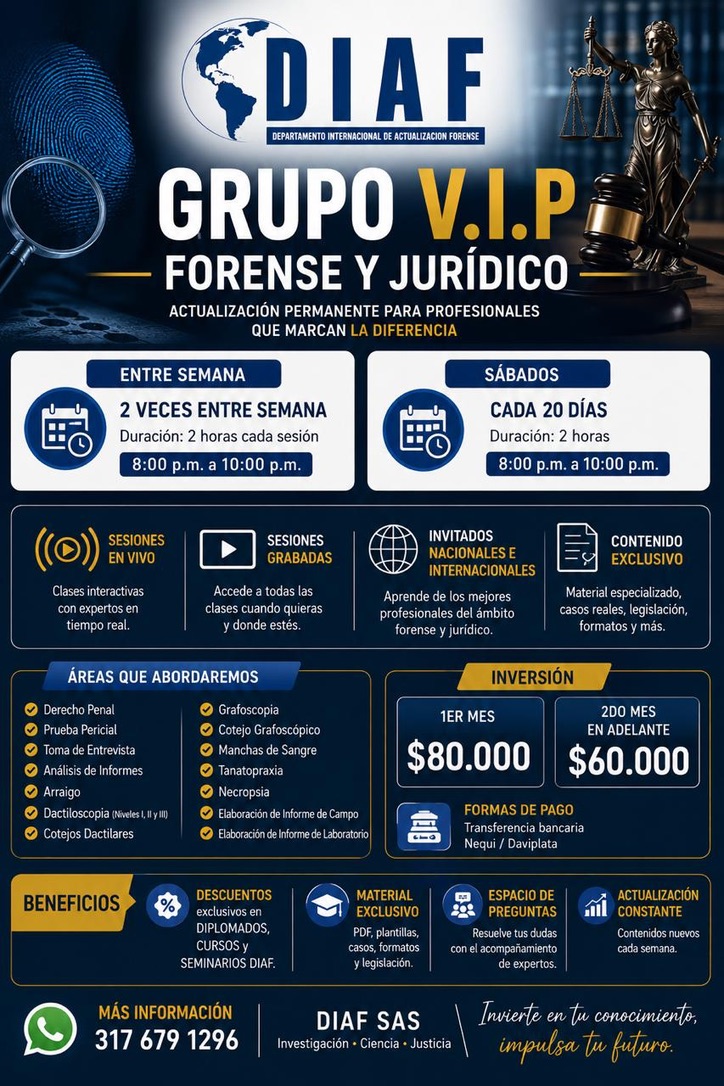 Curso de GRUPO V.I.P DE CAPACITACIÓN JURIDICA Y FORENSE 2026 en Colombia - DIAF